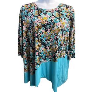 Lori Goldstein LOGO Top Women 2X Blue Floral Pockets Lagenlook Asymmetric Tunic